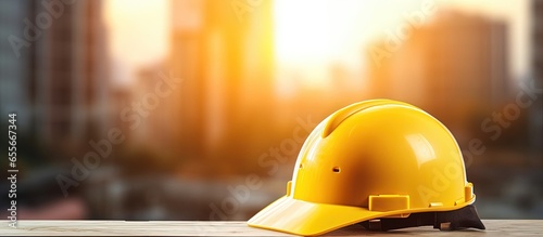 Workman s yellow safety helmet for construction site with concrete flooring in the city emphasizing safety for engineers or workers safety first with copyspace for text