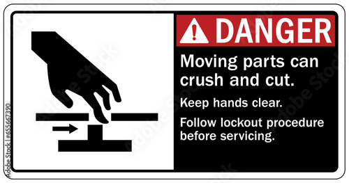Crush and cut hazard warning sign and labels Moving parts can crush and cut. Follow lockout procedure before servicing.  Do not operate with guard removed.