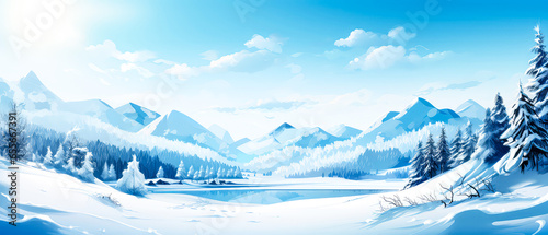  Winter holidays illustration. Scenery background with snowy trees, lake, mountains. Panoramic view forest and meadow landscape. Christmas Greeting card. Generative ai