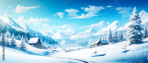 Snowy winter countryside town. panorama of cozy houses with Christmas lights decoration. Winter holidays vacation, mountain resort. Scenery fairy background .Christmas Eve. Generative ai © Inai