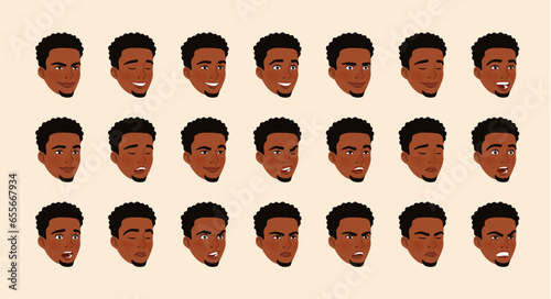 African american man emote set, young black hair portrait bundle. Dark skin handsome male head emotional facial expressions. Different cute face icons, positive, negative emotion pic. Vector cartoon