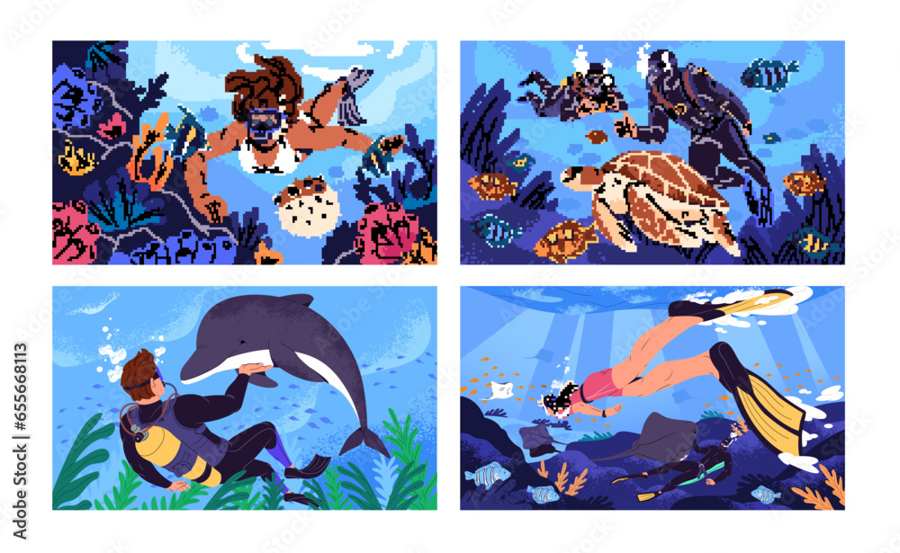 Scuba diving. People in costume, fins swimming underwater, watching of sea fauna, coral reef. Divers with turtle, exotic fish, stingray, dolphin, fugu. Extreme sport. Seascape flat vector illustration