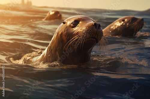Sea lions on rocks in the water