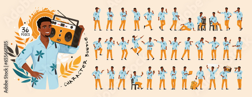 African american man, Hawaiian shirt, handsome black boy character set, summer bundle. Aloha beach casual vivid wear. Tropical island tourist, travel blogger recreational activity kit. Vector cartoon