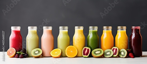 Variety of fresh organic bottled fruit smoothies for health and detox diet with copyspace for text