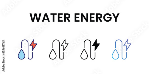Water Energy icons, color, line, glyph, gradient, Blue icon, Green energy icon in five variations stock illustration.