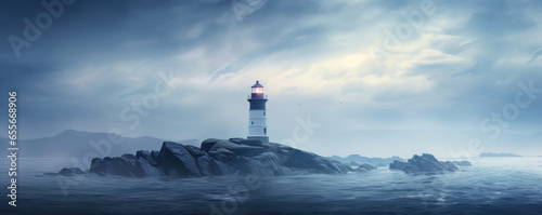 lighthouse seascape in mystic fog at night photo