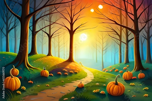 Halloween - kleine Kürbisse am Wegesrand im Wald, Abendlicht, Sonnenuntergang