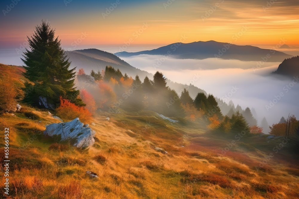 Fototapeta premium A majestic sunset over misty mountains