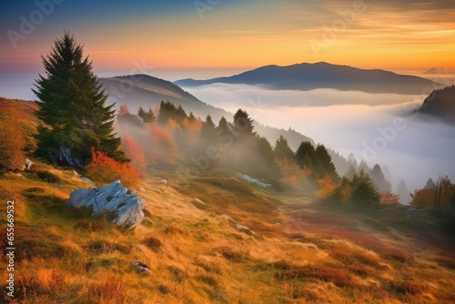 A majestic sunset over misty mountains