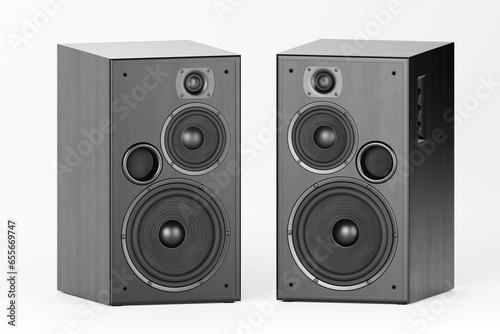 High quality loudspeakers.Buy dj equip in music store. Hifi sound system in shop for sound recording studio.Professional hi-fi cabinet speaker box pair. Consumer electronics for tabletop usage.