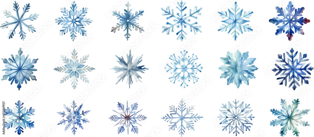 Set watercolor Christmas snowflakes on white background.