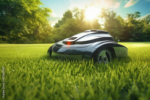 Nature lighting of automatic robot lawn mower on green grass in background of summer forest. Lifestyle concept of daily life and environment.