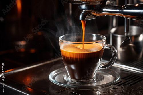 macro shot  espresso with foam in a steel cup. ai generative