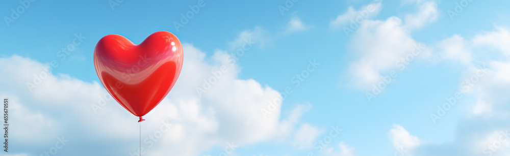 Red heart balloon floats in blue sky above clouds. ai generative