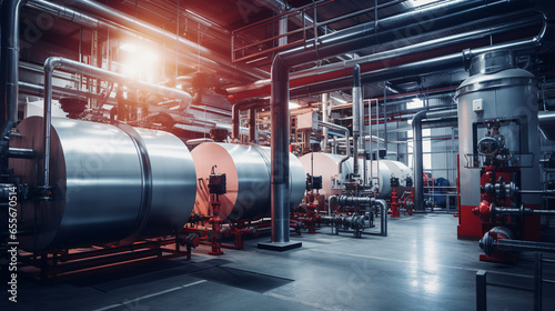 Interior of modern industrial boiler room with large metal tanks and pipes at industry factory. ai generative photo