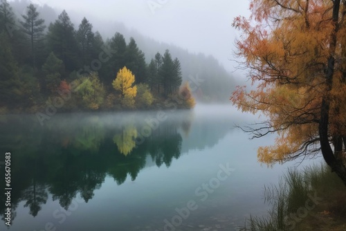 Fototapeta Misty lake in Shangri-La during autumn. Generative AI