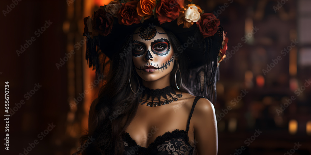 Fototapeta premium Portrait of a woman sugar skull makeup in a Gothic Halloween costume on dark background, Katrina Girl, Day of the dead, Skeleton head, Mexican festival
