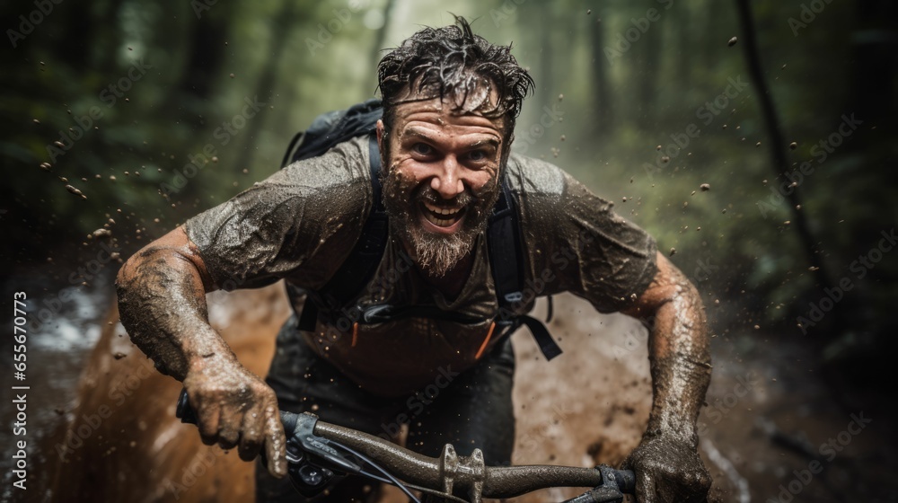 Obraz premium Ein siegreicher Mann auf dem Mountainbike im Zieleinlauf - Lebensfreude, Siegeswillen und Erfolg in der Welt des Sports - AI-generiert