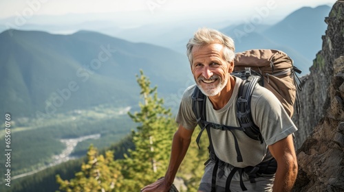Ein lebensfroher älterer Mann beim Wandern - Ausdruck von Lebensfreude, Durchhaltewillen und Erfolg in der Natur - AI-generiert