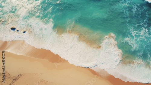 Epische Luftaufnahme zeigt türkisblaues Wasser und hellen Strand von oben - Naturschönheit und wilde Brandung vereint. - Ai-Generiert