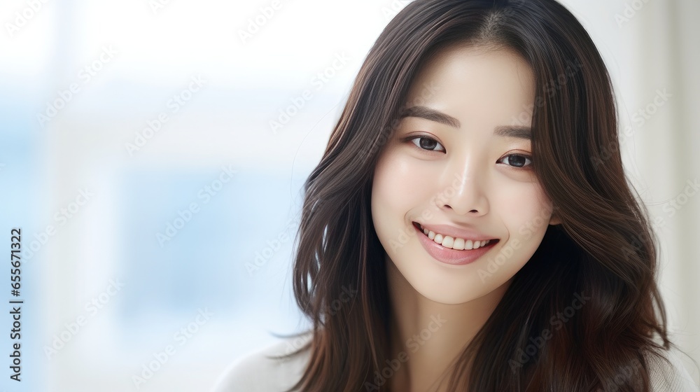 A Portrait of happy young asian woman smiling with beautiful teeth and hair in white studio background. Generative Ai
