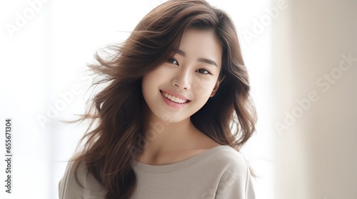 A Portrait of happy young asian woman smiling with good skin and beautiful teeth and hair in white studio background. Generative Ai 