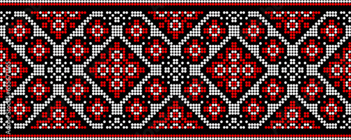 Vector illustration of Ukrainian ornament in ethnic style, identity, vyshyvanka, embroidery for print clothes, websites, banners. Background. Geometric design, border, copy space, frame