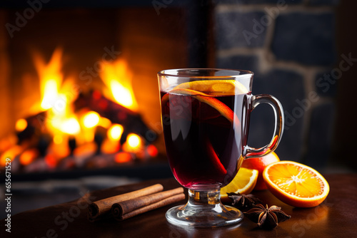 illustration of christmas mulled wine with spices with fireplace in background. Created with Generative AI