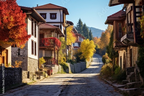 Stunning homes in Blagoevgrad, Bulgaria during a sunny autumn day. Generative AI photo