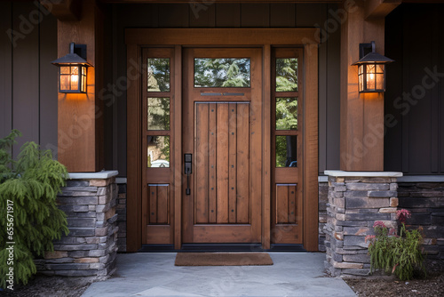 Photo Traditional cheap front entrance door with wood, brown wooden style