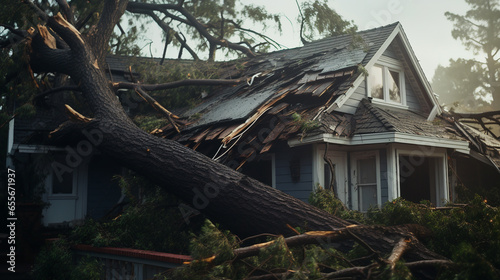 Tree falls on a house roof during storm. Insurance damage,mud,destruction. ai generative