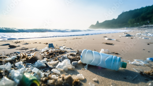 Ocean pollution with plastic waste. Sea beach with ecological garbage. Royalty high-quality stock photo image of trash, plastic bag, bottle on the beach.