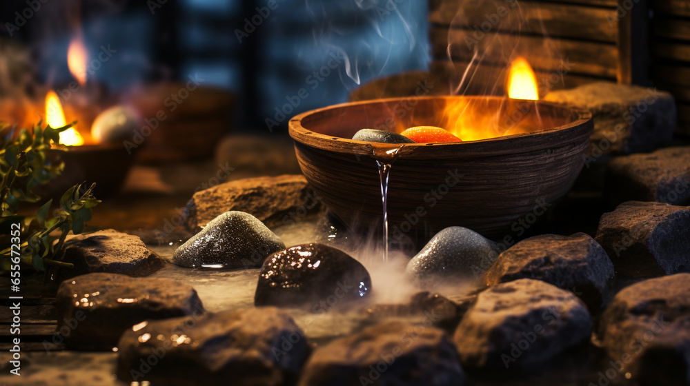 Steamy Sauna Session Pouring Water Over Hot Stones. ai generative Steamy Sauna Session Pouring Water Over Hot Stones. ai generative