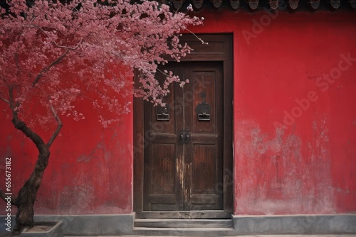 Sakura red wall door. Street exterior. Generate Ai