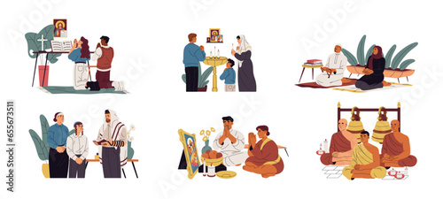 People with different religious, confession set. Diverse religion, church: buddhist, hinduism, christian, islam, judaism. Persons pray, do belief rituals. Flat isolated vector illustration on white