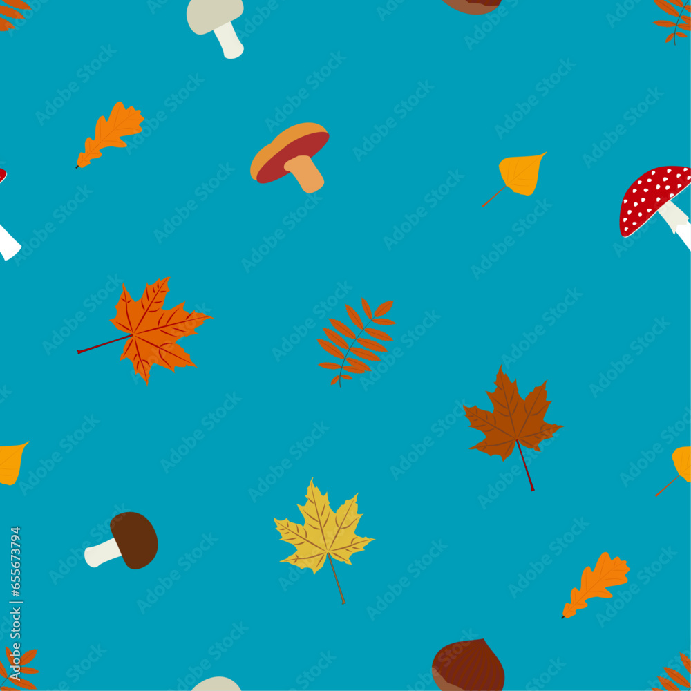 Patrón otoñal. Patrón con hojas, champiñones, castañas y setas de otoño en color sobre fondo azul