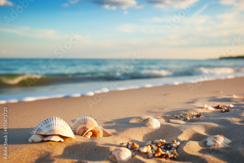 illustration of seashells on the beach with sea water in background. Created with Generative AI