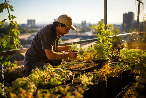 Rooftop farming in the city, with a farmer picking vibrant, organic vegetables.
