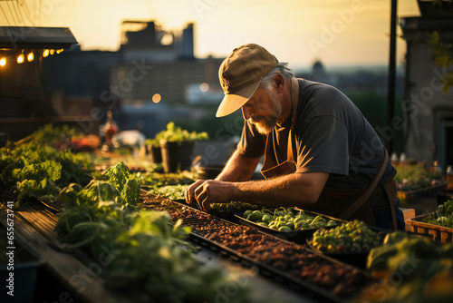 A farmer harvests fresh vegetables on a rooftop garden against a bustling city backdrop. 