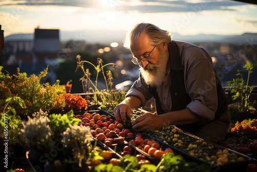 A farmer harvests fresh produce on a rooftop garden against a bustling city backdrop. 