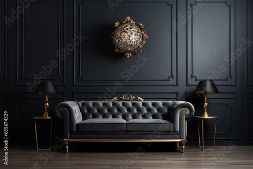 Modern interior design for home, office, interior details, upholstered furniture against the background of a dark classic wall. ai generative