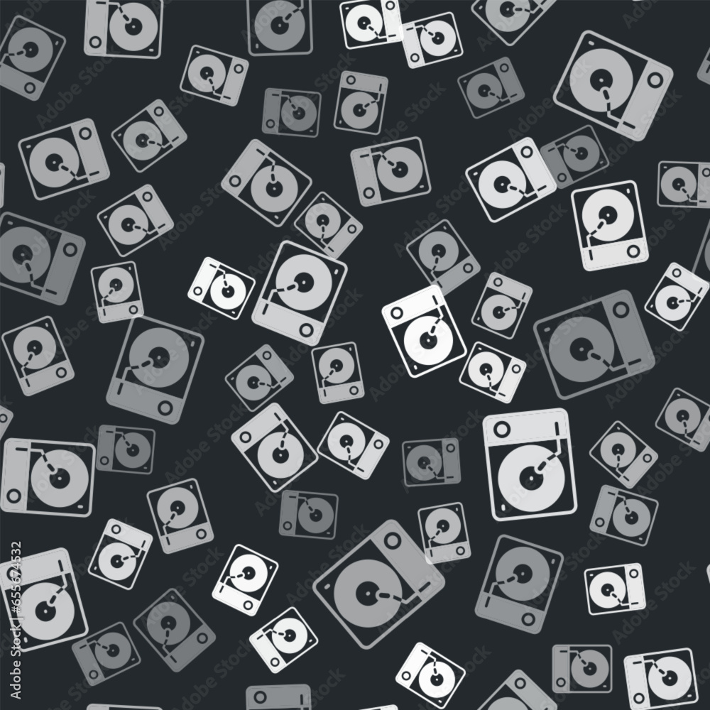 Grey Vinyl player with a vinyl disk icon isolated seamless pattern on black background. Vector Grey Vinyl player with a vinyl disk icon isolated seamless pattern on black background. Vector