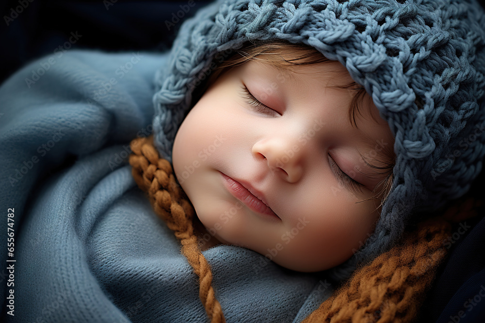 Cute sleeping Caucasian newborn baby in a knitted cap