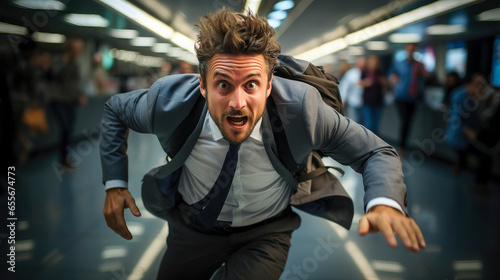 businessman running stressed to catch his flight - executive arriving late at the airport photo