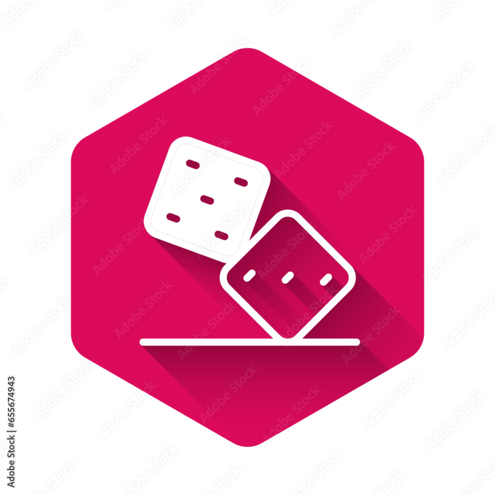 White Game dice icon isolated with long shadow background. Casino gambling. Pink hexagon button. Vector White Game dice icon isolated with long shadow background. Casino gambling. Pink hexagon button. Vector