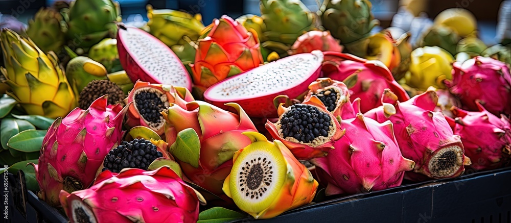 Various exotic fruits including delicious pitahaya dragon fruit displayed on a black market stall in Lanzarote Canary Islands with copyspace for text - obrazy, fototapety, plakaty 