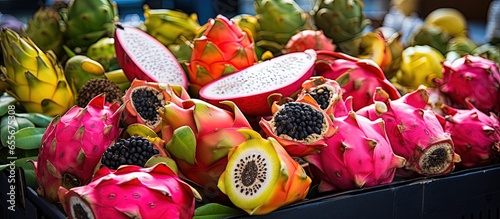 Various exotic fruits including delicious pitahaya dragon fruit displayed on a black market stall in Lanzarote Canary Islands with copyspace for text © 2rogan