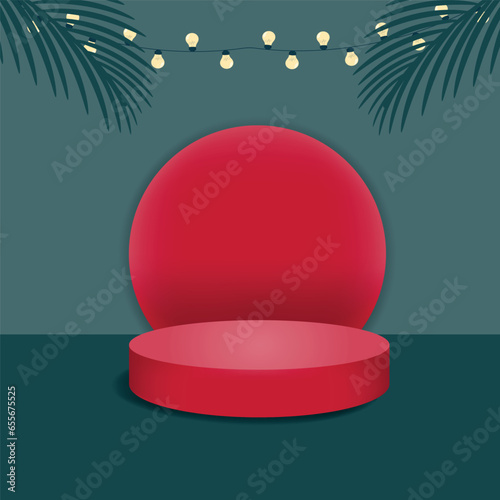 Christmas red podium on a green background with fir branches and garlands