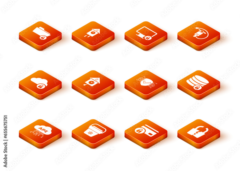 Set Cloud api interface, Cooler bag, computing lock, Retro wall watch, Credit card with and Cyber security icon. Vector Set Cloud api interface, Cooler bag, computing lock, Retro wall watch, Credit card with and Cyber security icon. Vector